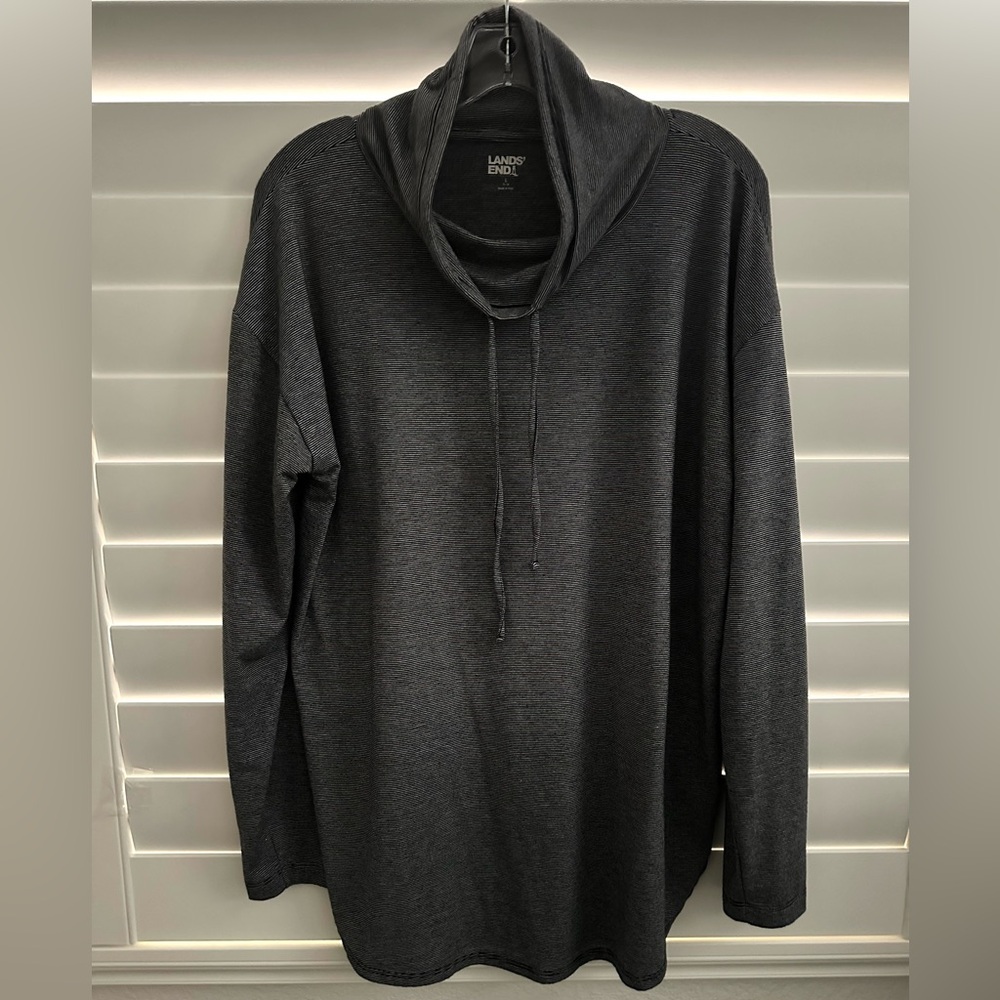 Lands' End Women's Power Performance Cowl Neck Tunic Blk/White Pinstriped Large